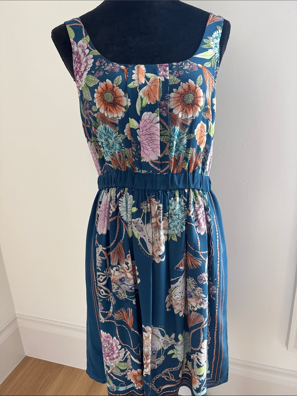 Moulinette Soeurs Navy Floral Midi Dress with Pink & Orange Accents